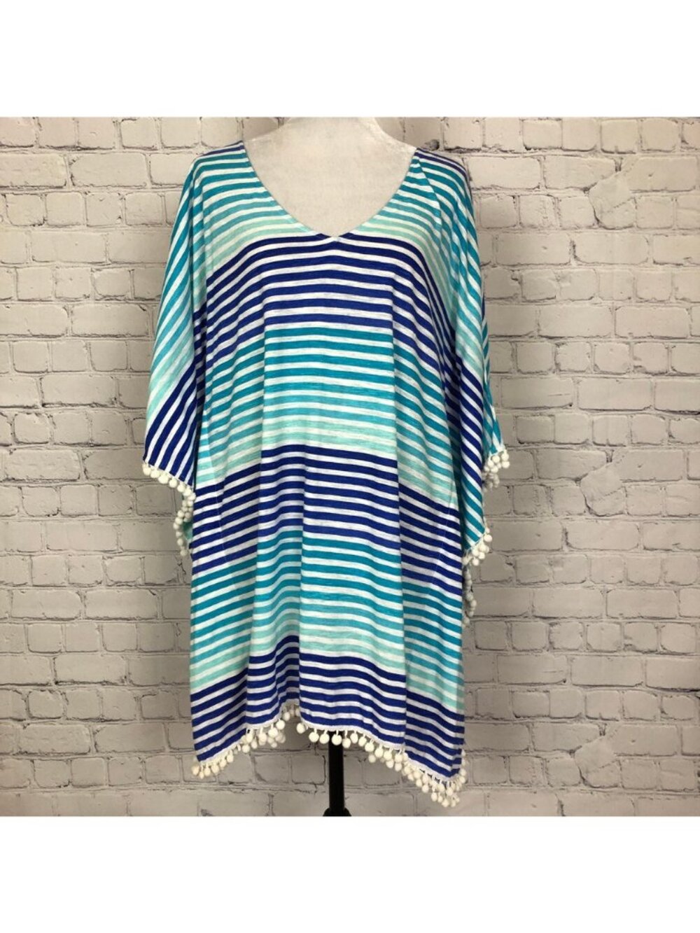 Lilly Pulitzer Turquoise Brilliant Blue Striped Caftan Coverup S/M Pom Pom